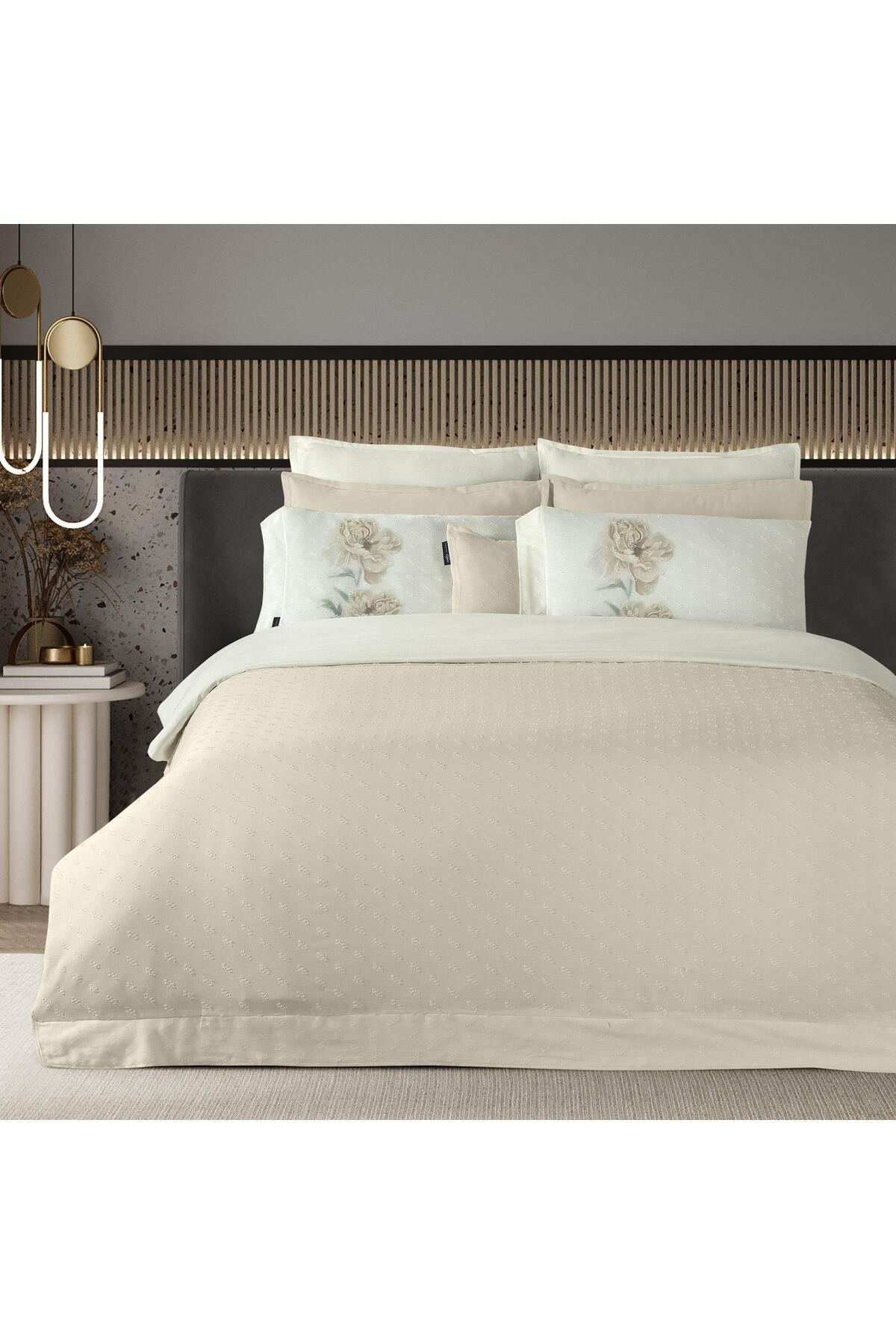 Lorent Ekru King Size (Battal Boy) %100 Pamuk Nevresim Takımı Ekru