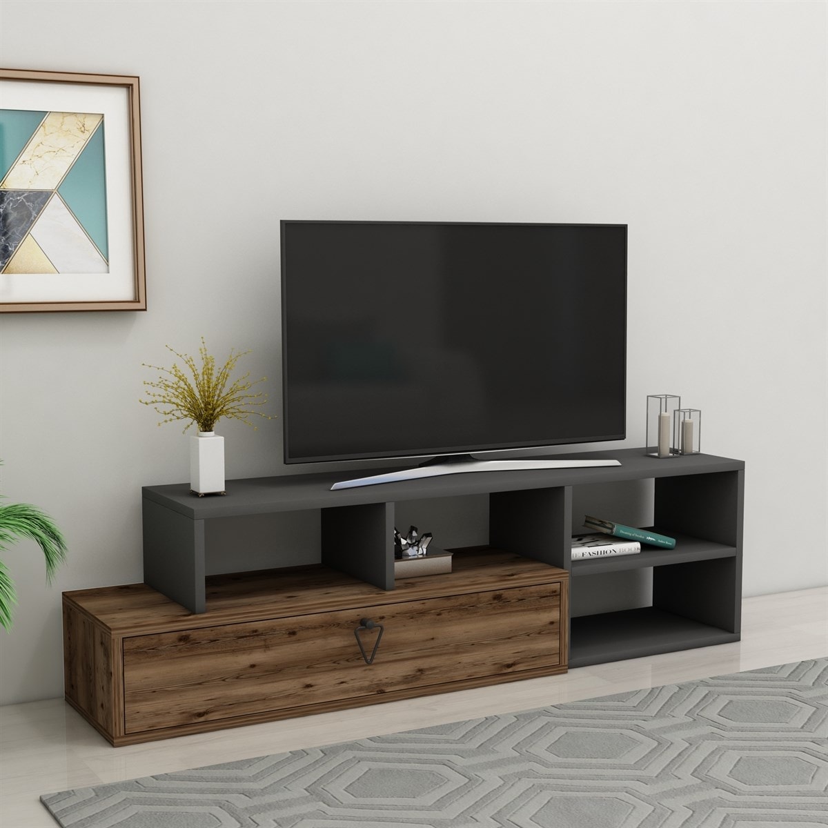Duru Raflı Kapaklı Modern Tv Sehpası, Ceviz Antrasit - Duru