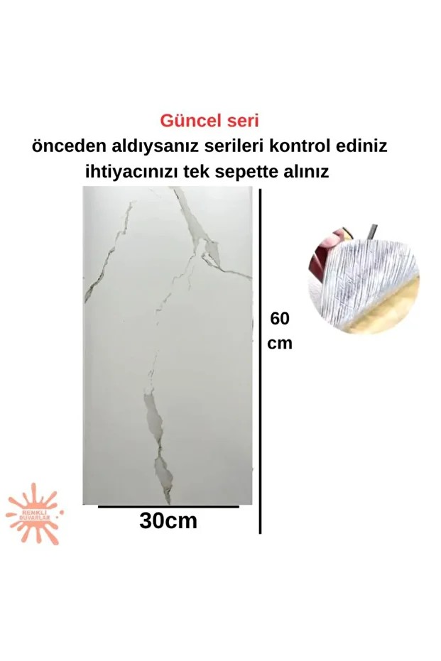 6 Adet 60cmx30cm Beyaz Mermer Desen Yapışkanlı Karavan Banyo Wc Duvar Kaplama Paneli BS1763