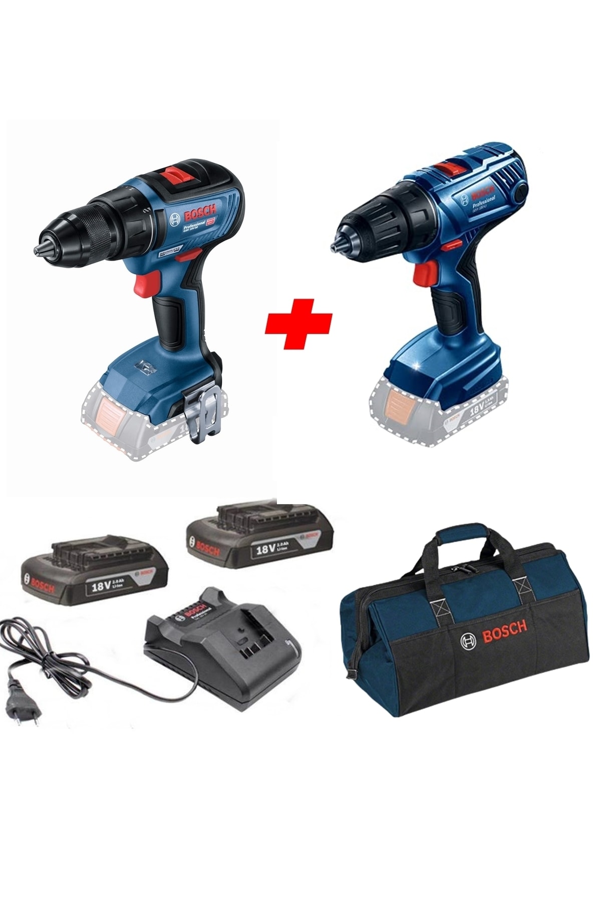 BOSCH Professional Gsr 18v-50 + Gsr 180-li 18v 2.0 Ah Çift Akülü Set Vidalama Şarjlı Matkap
