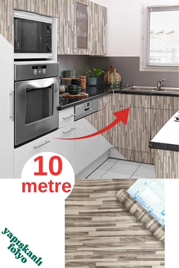 45cm x 10 Metre 1 Adet Folyo Yapışkanlı Şaşırtmalı Desen Ahşap Mutfak Duvar Kaplama Folyosu Kağıdı