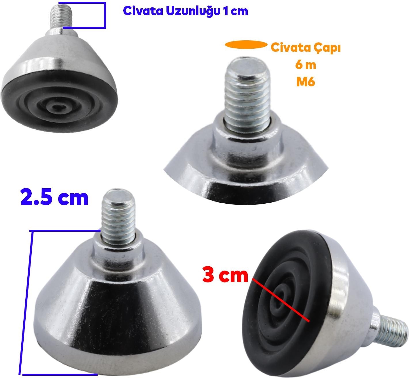 Beyaz Eşya Raf Mobilya Bingo Rotil Ayakları M6 Civatalı 6 Mm Metal Profil Ayağı 2.5 Cm (4 Adet)