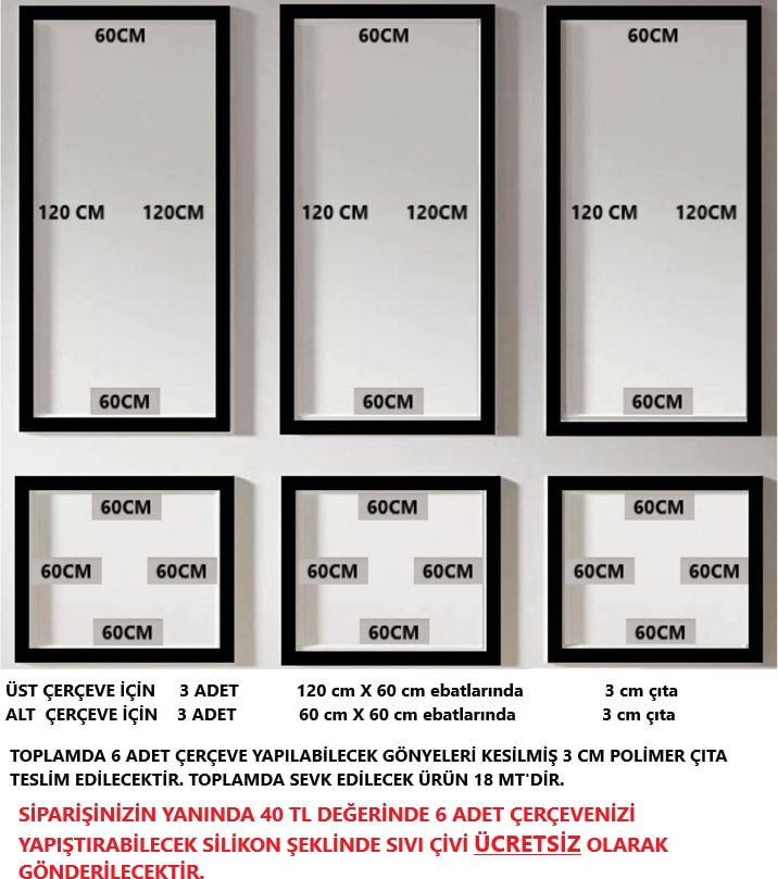 Dekoratif Boyanabilir 3 cm Duvar Çıtası 6 Adet Hazır Kesimli Çerçeve Paketi
