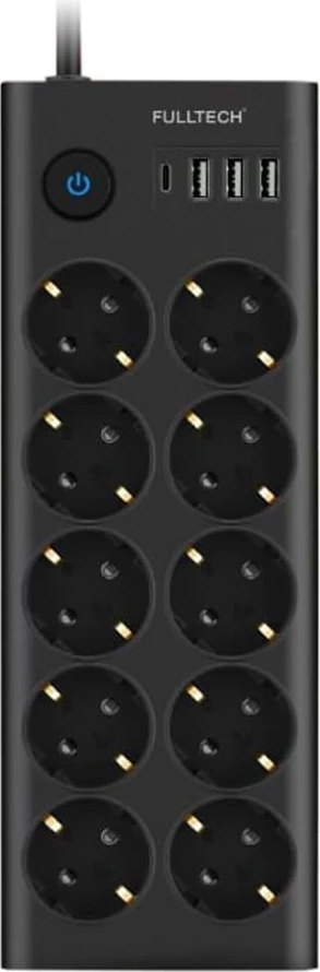 Type-C Port Girişli Akım Korumalı 10&apos;lu Priz, 3 Usb, 1 Type-C Giriş, Dayanıklı, Grup Priz, Çoklu Uzatma Kablo (Siyah)