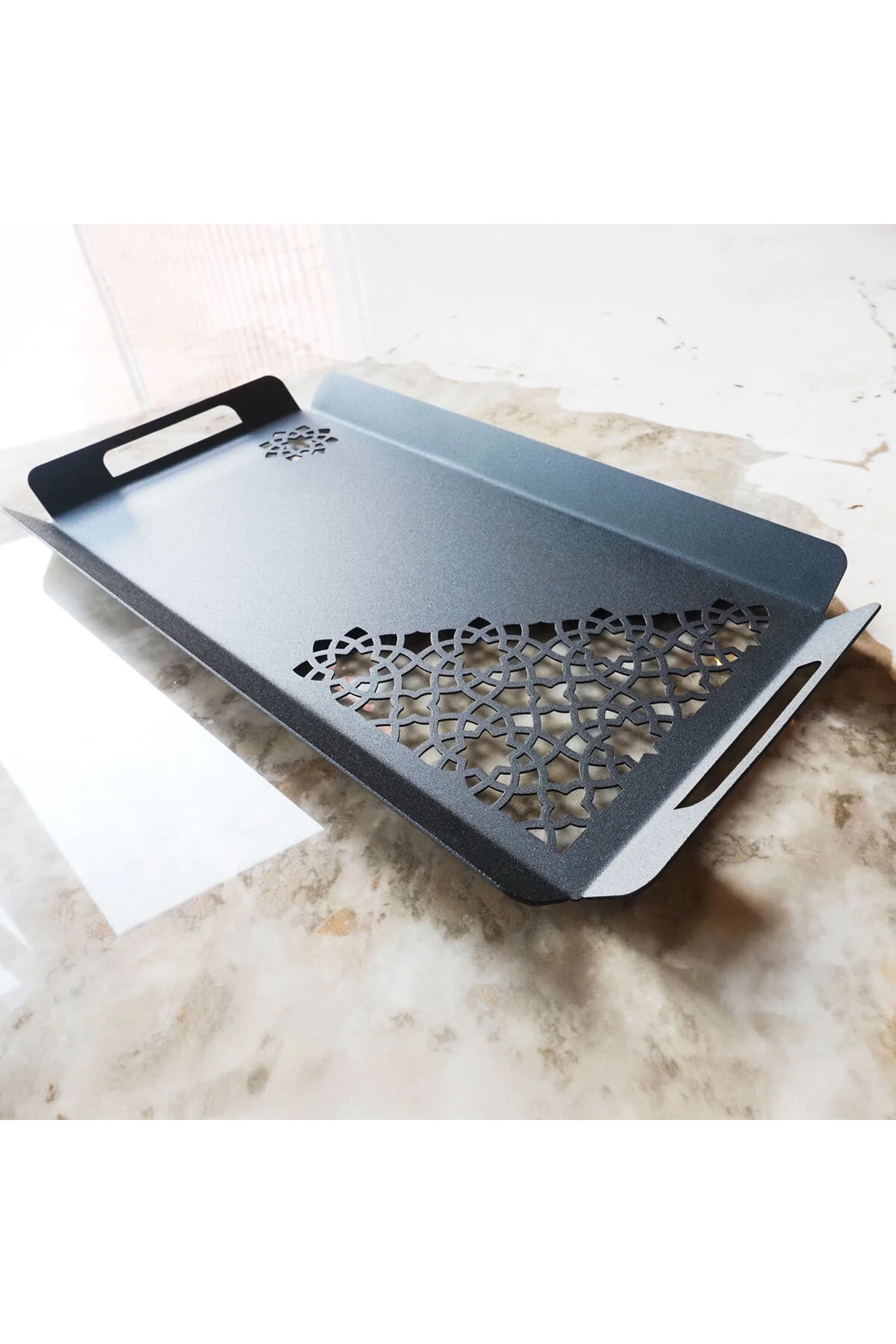İslami Motifli Metal Sunum Tepsisi - 35 X 15 Cm - Siyah Renk - Wamh182