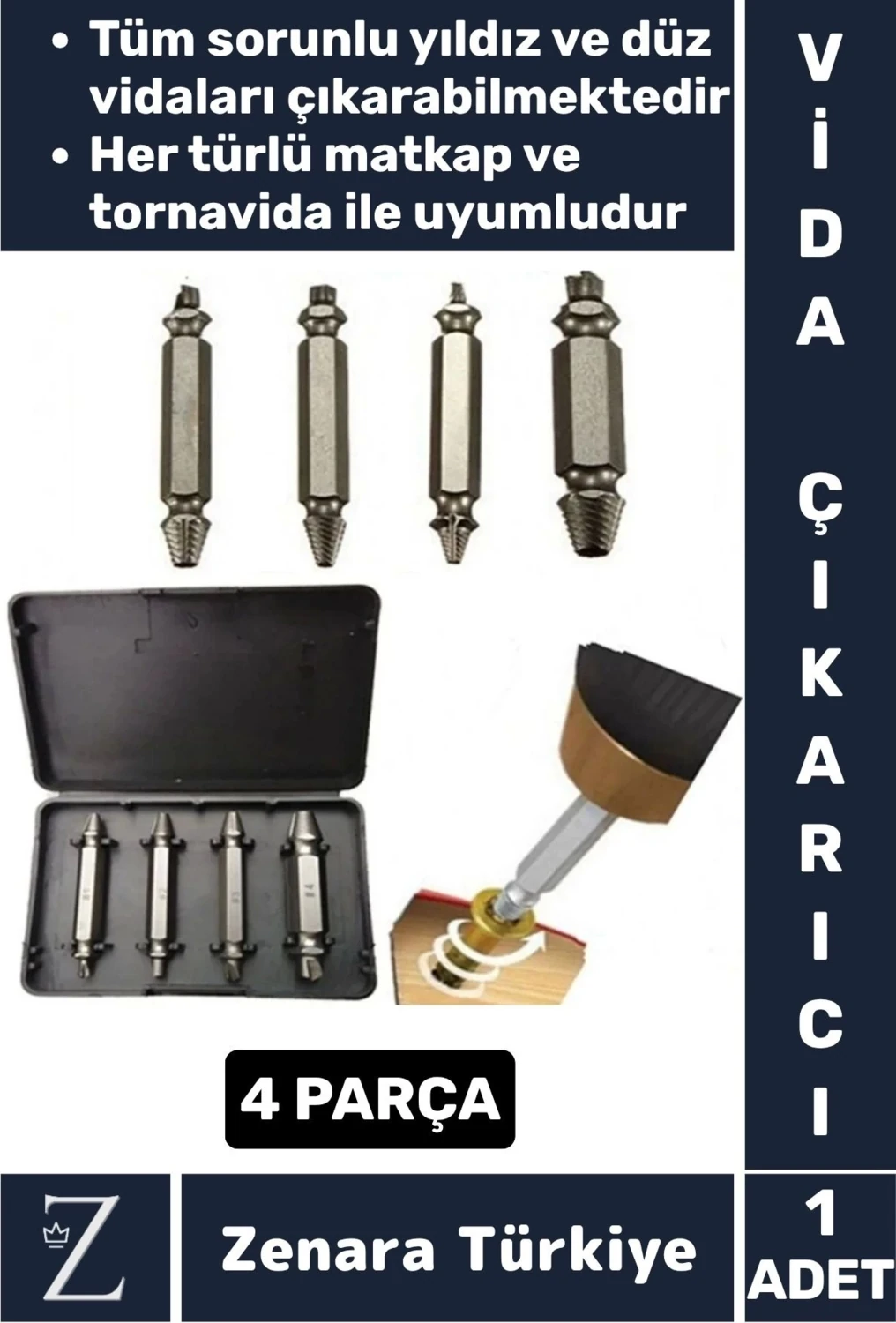 Dayanıklı Matkap Tornavida Uyumlu Hasarlı Paslı Kırık Yamuk Vida Sökme Çıkarma 4 Farklı Uçlu Set