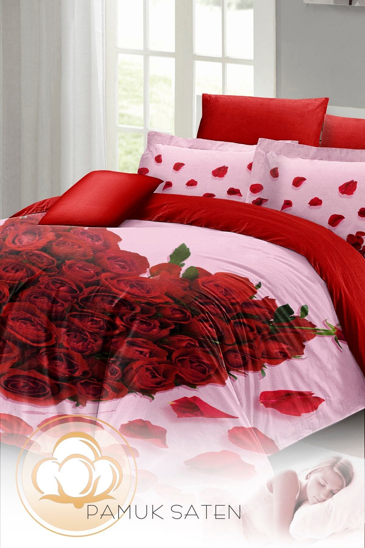 Kıng Sıze Sevgililer Günü Çift Kişilik Nevresim Takımı%100 Pamuk Saten Gül Aşkına 220x240cm