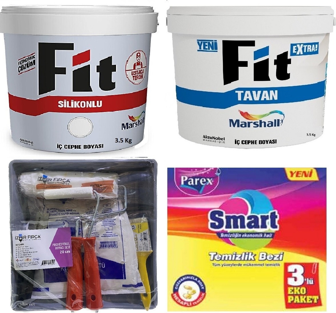 Fit Silikonlu İç Cephe Boyası 3.5 Kg ve  Fit Extra Tavan Boyası 3.5 Kg ve İzmir Fırça Boyama Seti