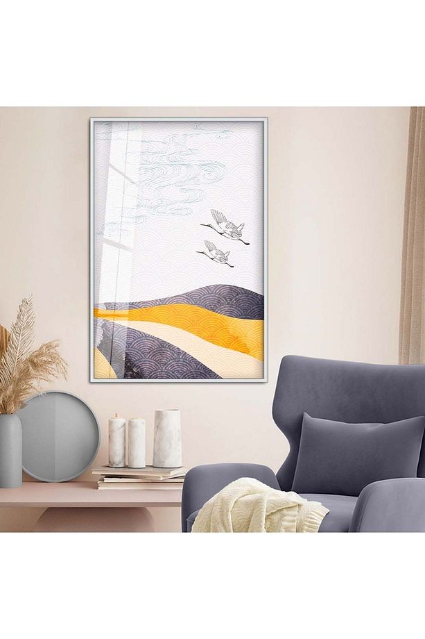 Gümüş Metal Çerçeveli Modern Çizim Kuş Figür Kırılmaz Cam Tablo