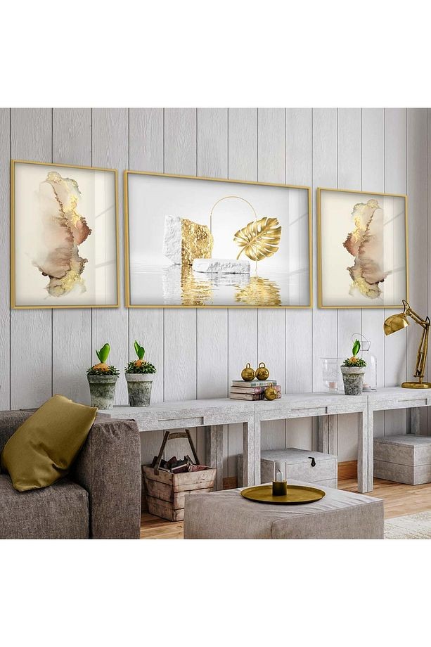 Gold Metal Çerçeveli Altın Desen Modern Üçlü Kırılmaz Cam Tablo Seti
