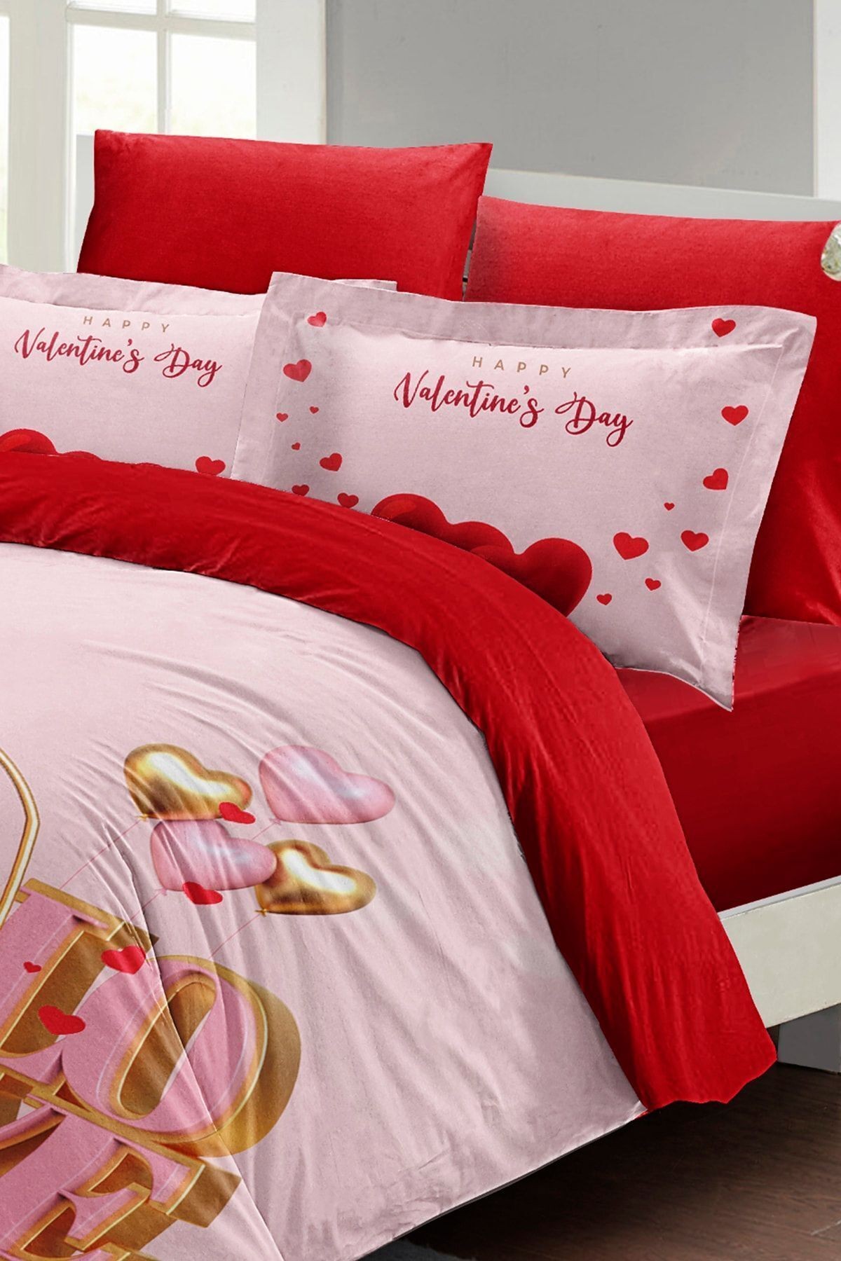 Çift Kişilik ( Lastikli Çarşaflı ) Sevgililer Günü Nevresim Takımı % 100 Pamuk Saten Valentine's