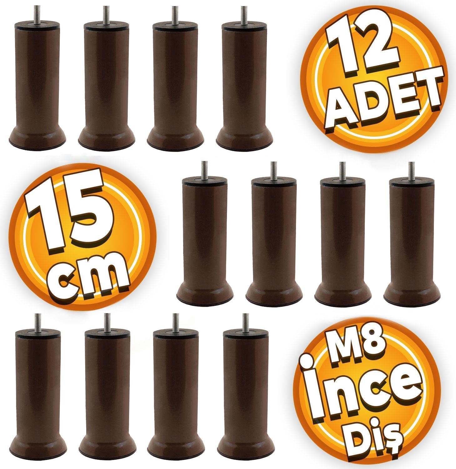 Baza Mobilya Kanepe Koltuk Destek Ayağı M8 Civatalı Kahverengi Metal Ayak 15 cm (12 Adet)