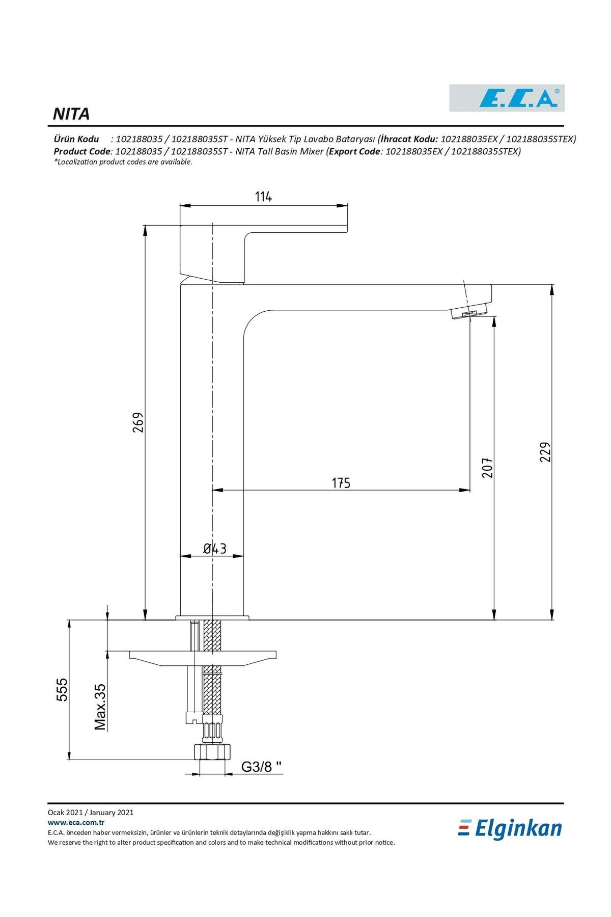 Nita Yüksek Tip Lavabo Bataryası 102188035