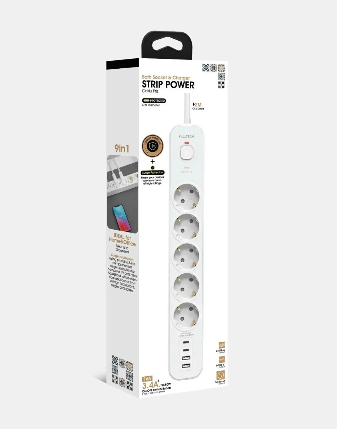 2 mt Uzatma Kablosu Çoklu Priz Yüksek Gerilim Korumalı 5'li Priz 2x USB 2x Type-C Çıkışlı Priz