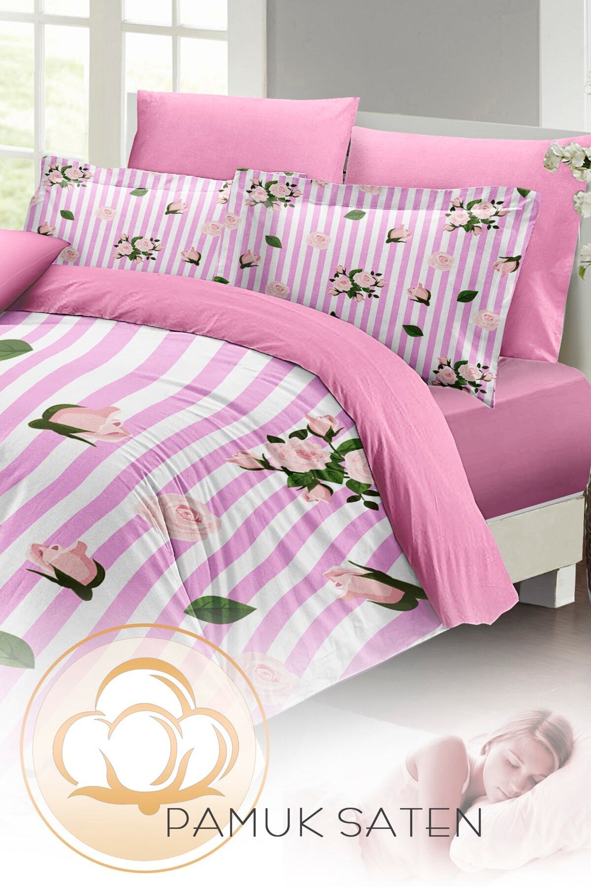 Kıng Sıze Çift Kişilik Nevresim Takımı %100 Pamuk Saten Naturel Roses 220x240cm
