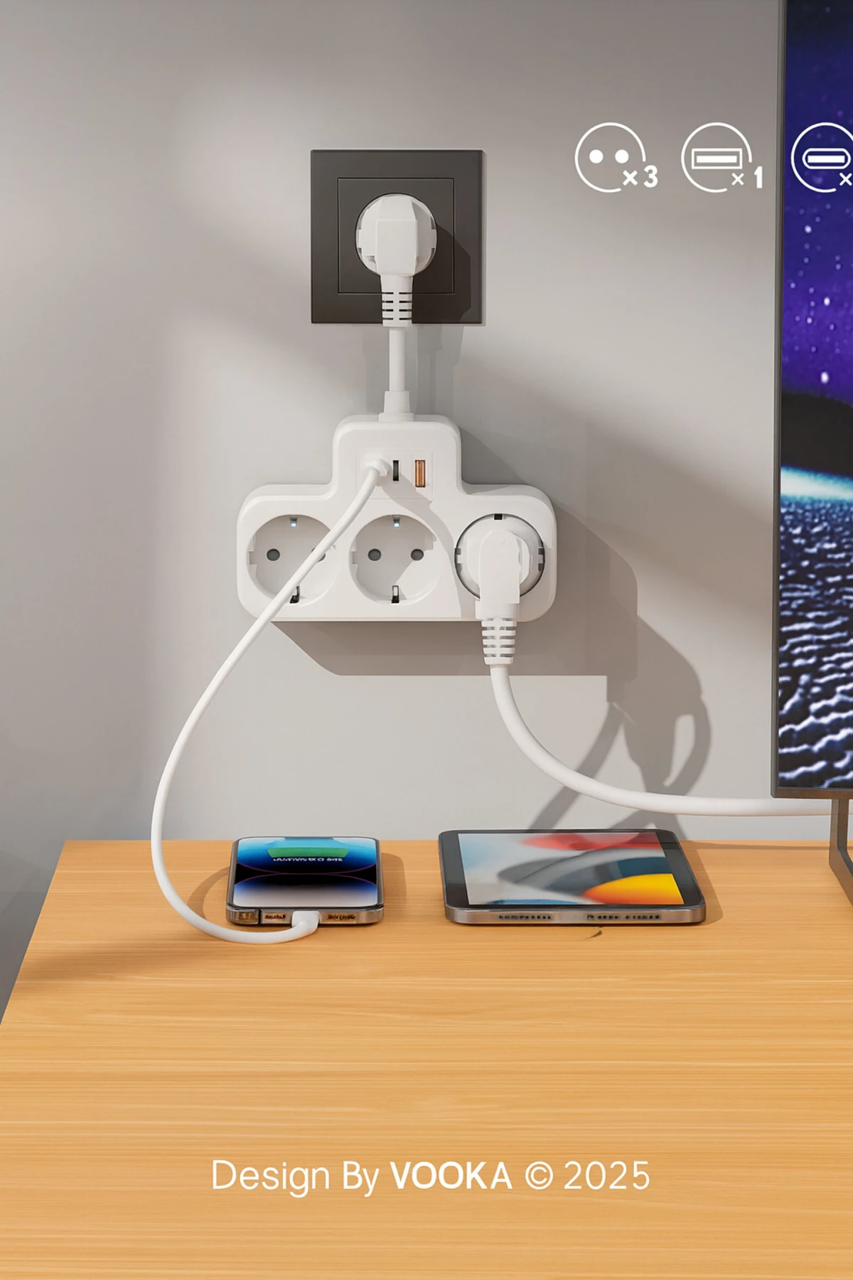 Akıllı Priz Termal Korumalı 3 Prizli Çoklu Akım Prizi | 1 USB-A + 2 USB-C 3 Socket 3680W 16A