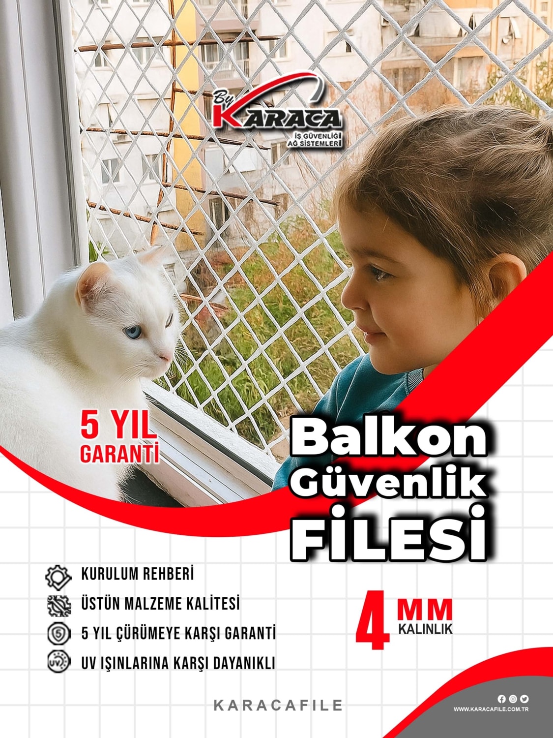 Balkon Güvenlik Filesi – 1.5 M Yükseklik | Metreyle Kesim | 4 mm Ip, 4x4 cm Göz Aralığı + Montaj Aparatları (Beyaz)