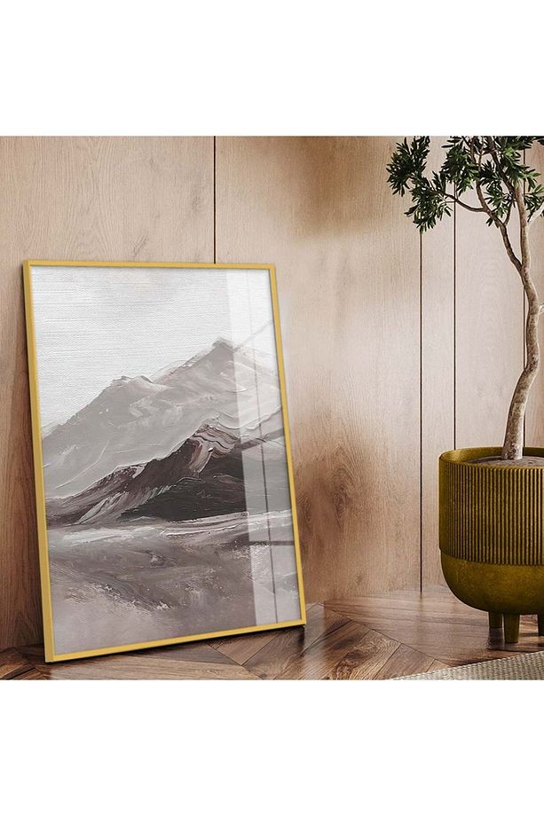 Gold Metal Çerçeveli Modern Çizim Dağ Tema Kırılmaz Cam Tablo