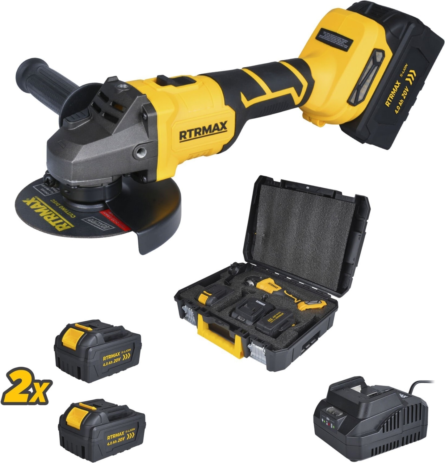 RTRMAX RTS5050 Şarjlı Avuç Taşlama Makinası Kömürsüz 125mm 8.500 Rpm 2x4 Ah 20V Çift Akü S-Lion - Akü Dahil