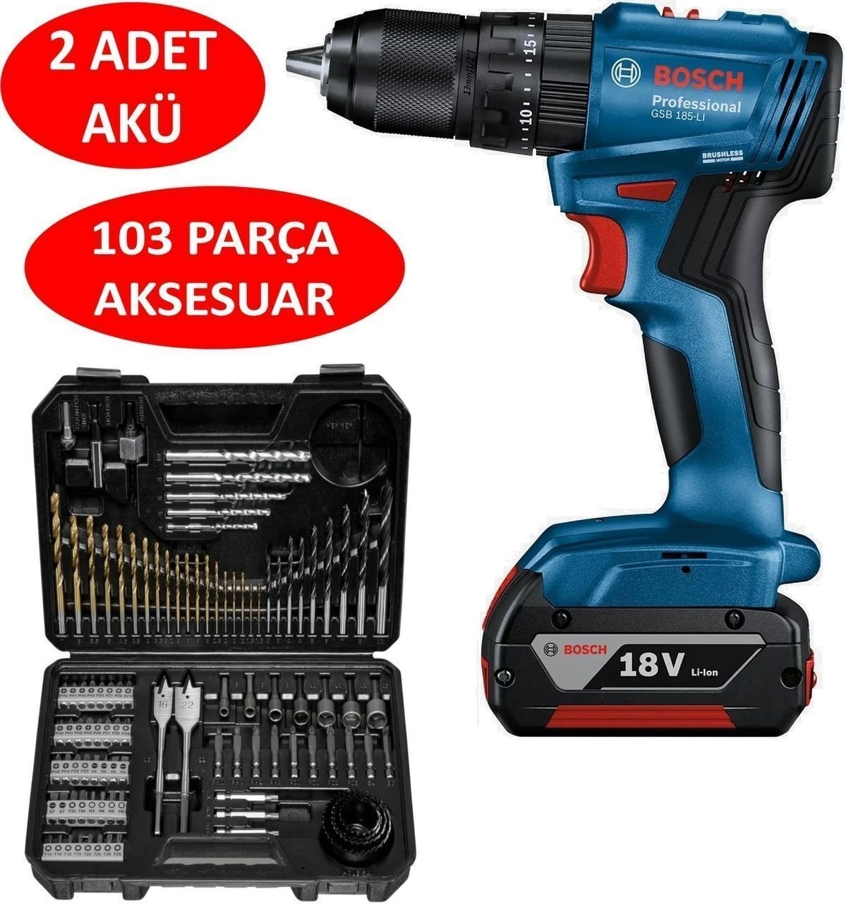 BOSCH Professional Gsb 185-LI 2 x 2.0AH Çift Akülü Darbeli Matkap - 06019K3100 +  V-Line Matkap & Vidalama Karışık Aksesuar Seti 103 Parça - 2607017367