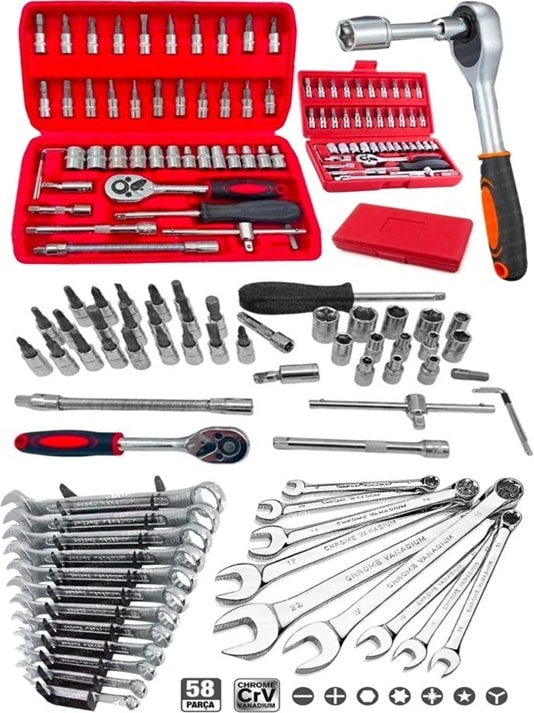 58 Parça 46 Mini Lokma Takımı Otomatik Cırcırlı 1/4" 12 Parça Kombine Açık Ağız-Yıldız Anahtar Takım