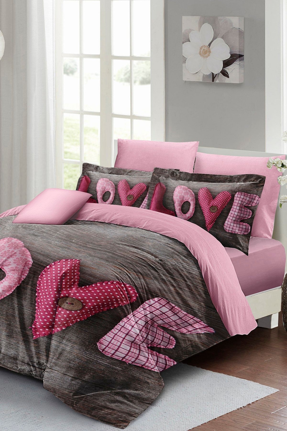 Çift Kişilik Çeyizlik Nevresim Takımı Sık Dokuma Pamuk Saten 3d Sevgililer Günü Love