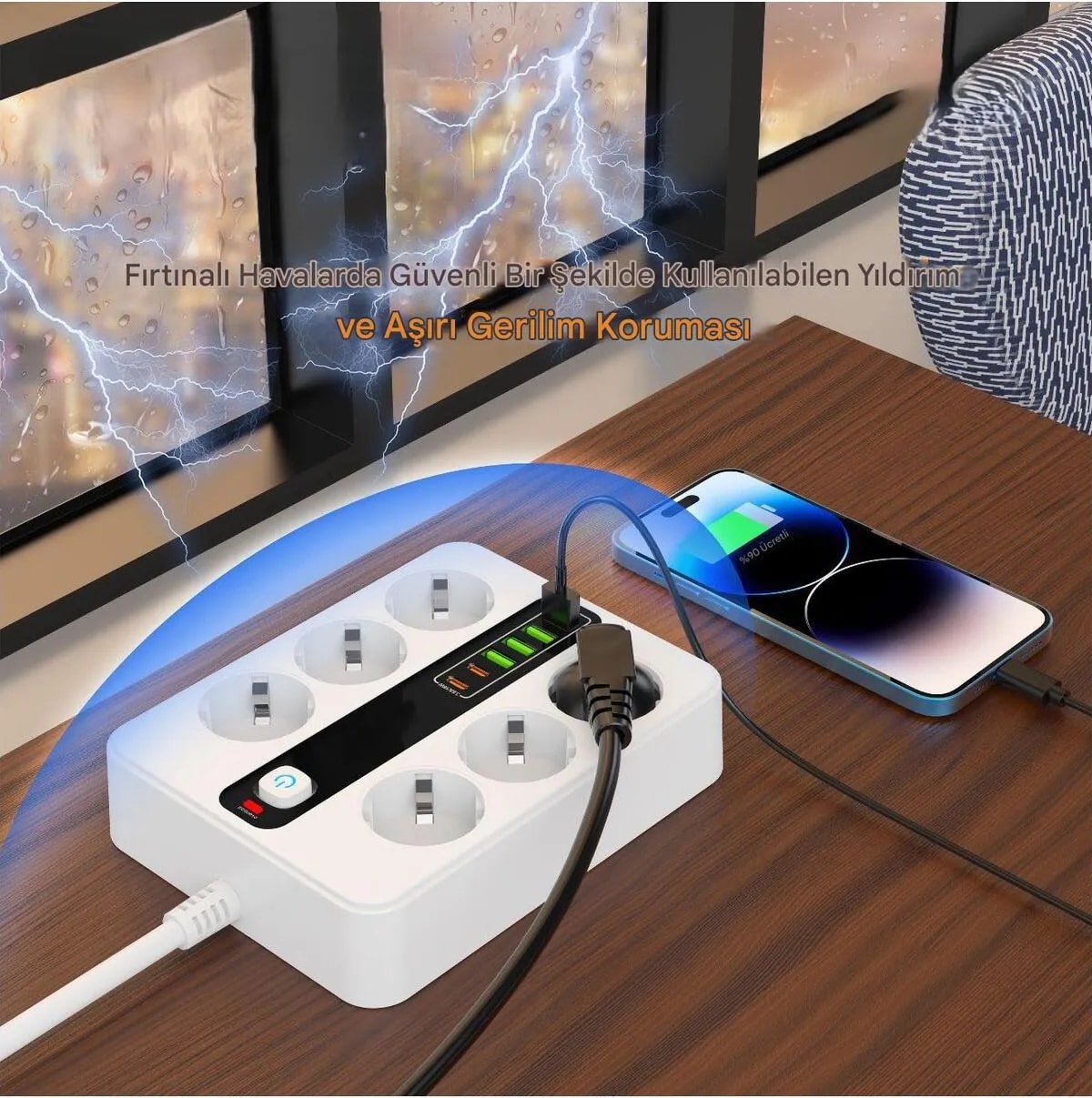 6'lı Grup Priz 4xusb 2xtype-C Çıkışlı Isıya Dayanıklı Power Tuşlu 2 mt Kablolu Priz Çoğaltıcı
