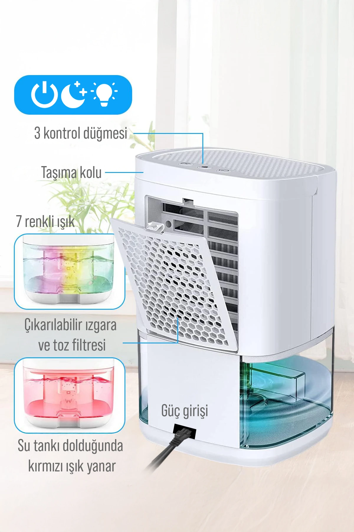 Nem Alıcı Cihaz 1000 ml Su Hazneli Sessiz Rutubet Giderici Nem Alma Makinesi Gece Lambalı