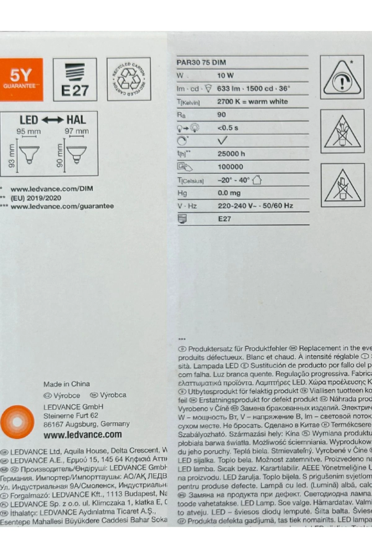 Ledvance 10W (75W) 2700K (Sarı Işık) Par30 E27 Duylu Dim Edilebilir Led Spot