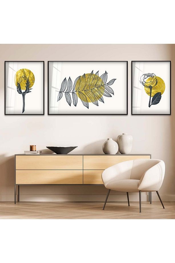 Siyah Metal Çerçeveli Modern Çizim Soyut Desen Üçlü Kırılmaz Cam Tablo Seti