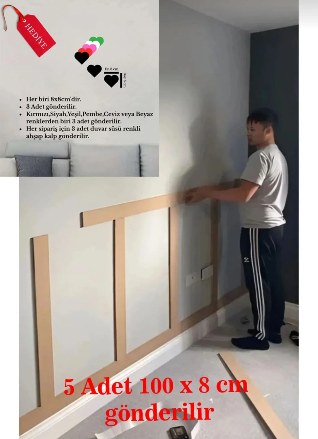 Renkli 5'li Duvar Çıtası, 100×8 Cm, Dekoratif ve Boyanabilir, Şık Tasarım