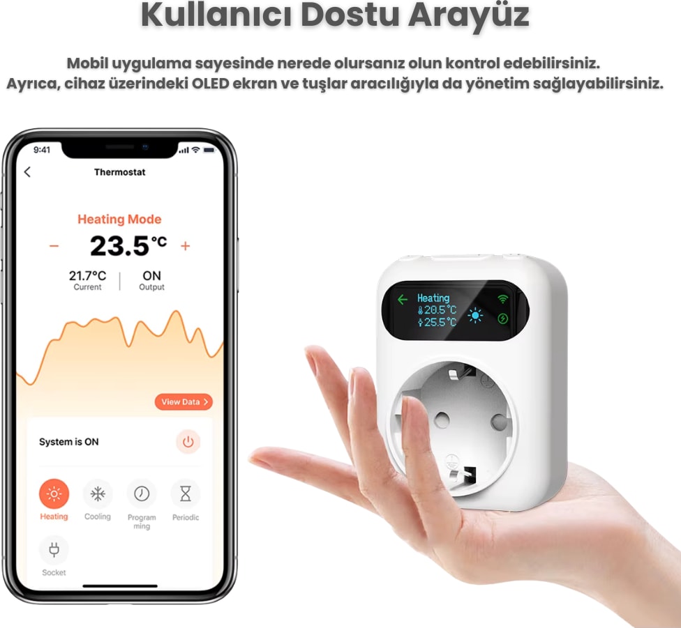 Wifi OLED Ekranlı Priz Tipi Termostat ( Tuya, Smart Life Uyumlu )