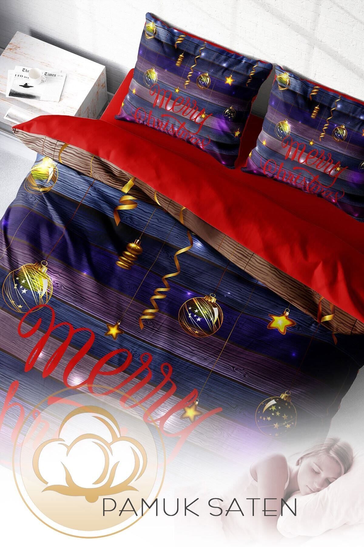Yılbaşı Nevresim Takımı (Lastikli Çarşaflı) Çift Kişilik %100 Pamuk Saten Dark Noel