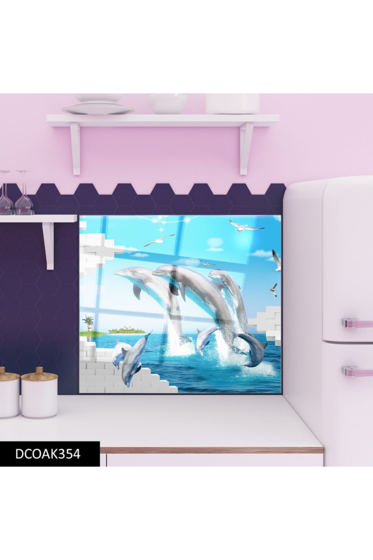 60x52 cm Cam Ocak Arkası Koruyucu Yunuslar Desenli Ankastre Arkası Koruyucu