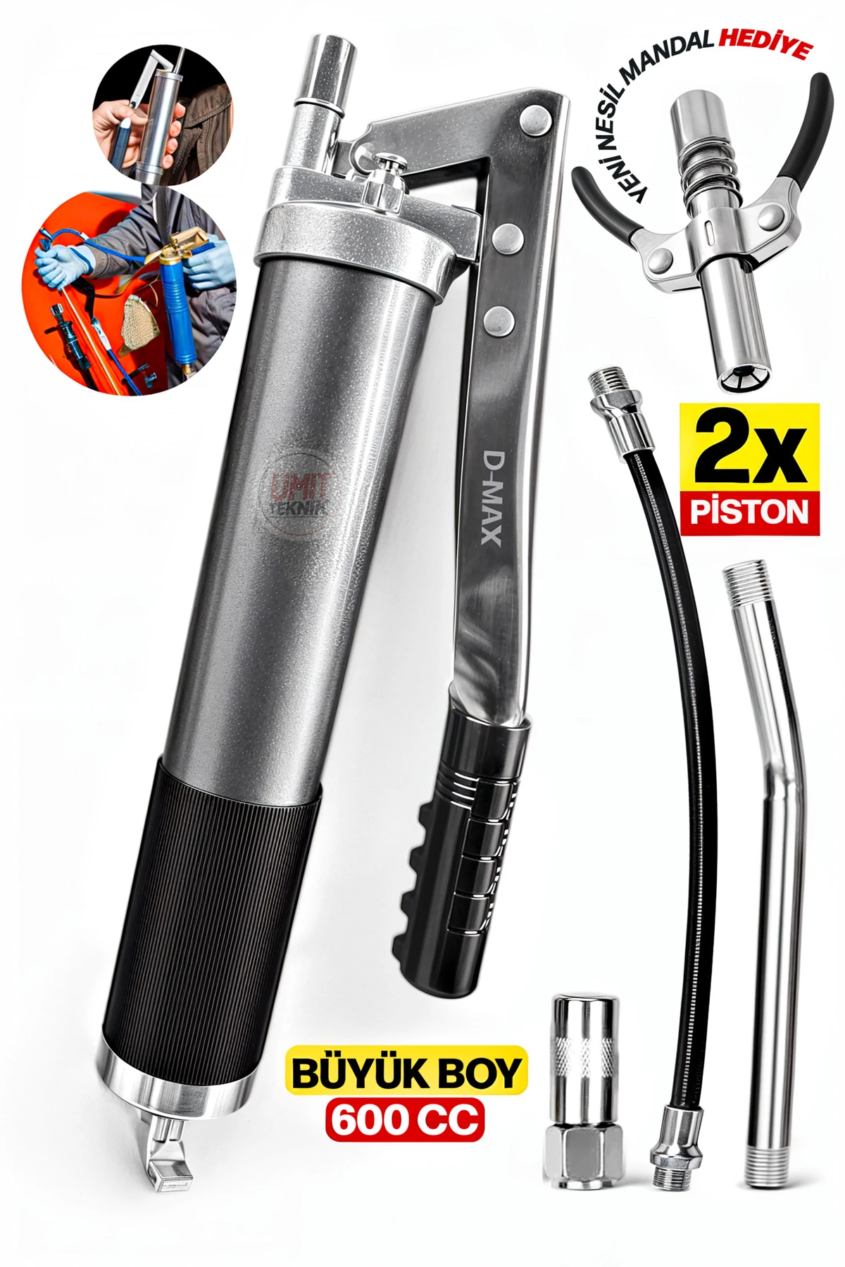 Profesyonel Sızdırmaz Mekanik Çift Mandallı 600cc Gres Pompa Takımı Demir Hortumlu 2x Piston Mekanik