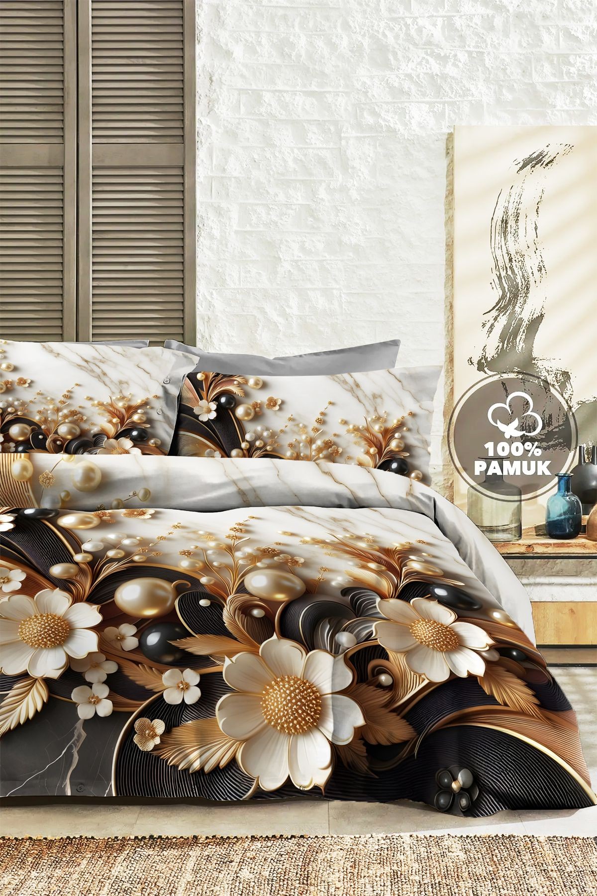 %100 PAMUK Ranforce Çeyizlik Luxury 5D Dijital Çift Kişilik Nevresim Takımı Perla