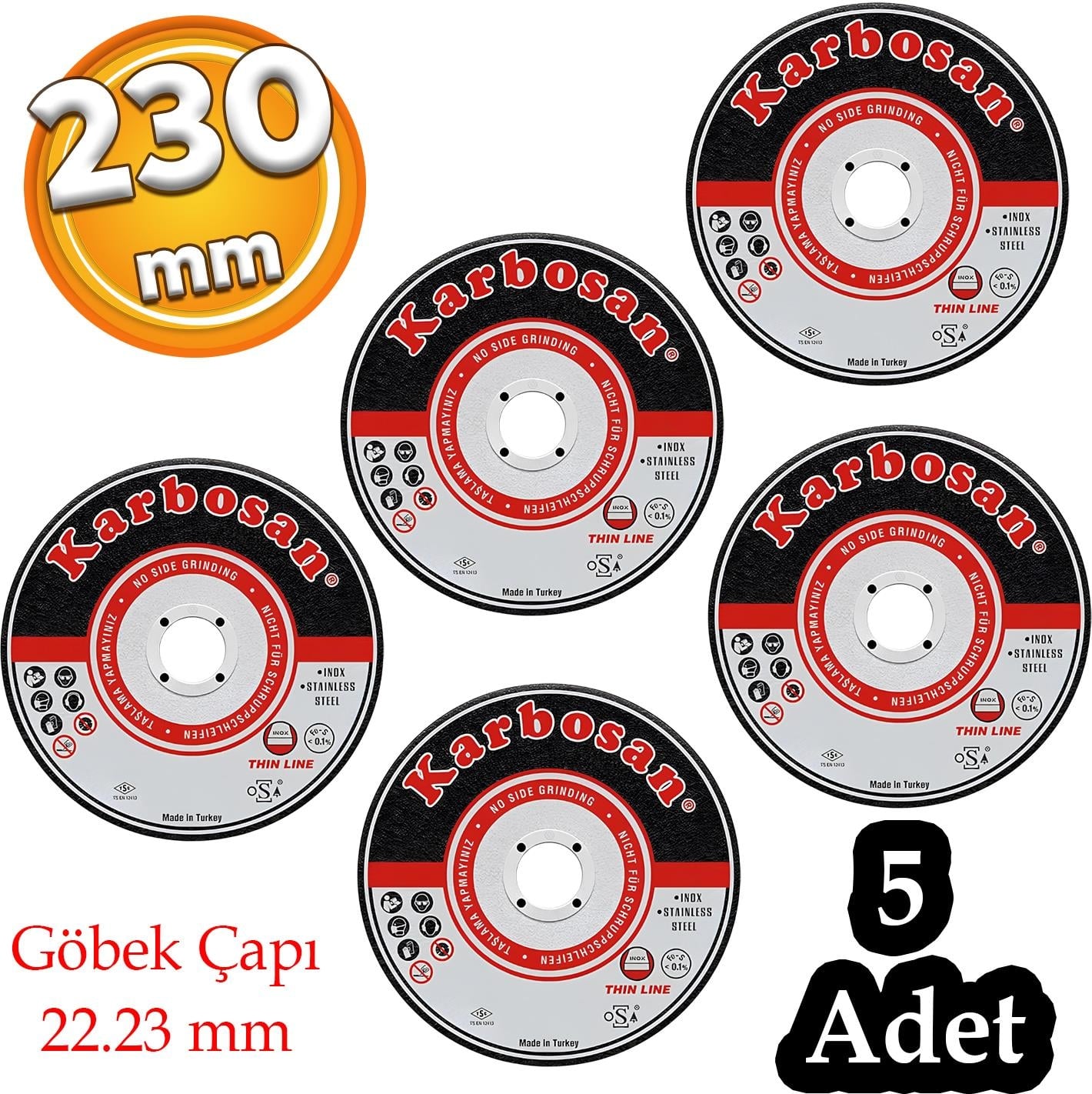 KARBOSAN Metal Kesici Taş 5 Adet Disk Taşlama Spiral Demir Kesme Diski 230X3.0X22.23 mm