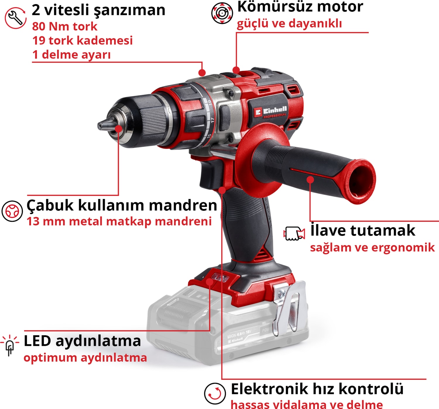 EİNHELL Professional Akülü Vidalama TP-CD 18/80 Li BL-Solo Power X-Change (18 V, Kömürsüz, 80 Nm, 13 mm mandren, 2 vites, 19 tork ayarı, delme modu, akü dahil değildir) - 4514300