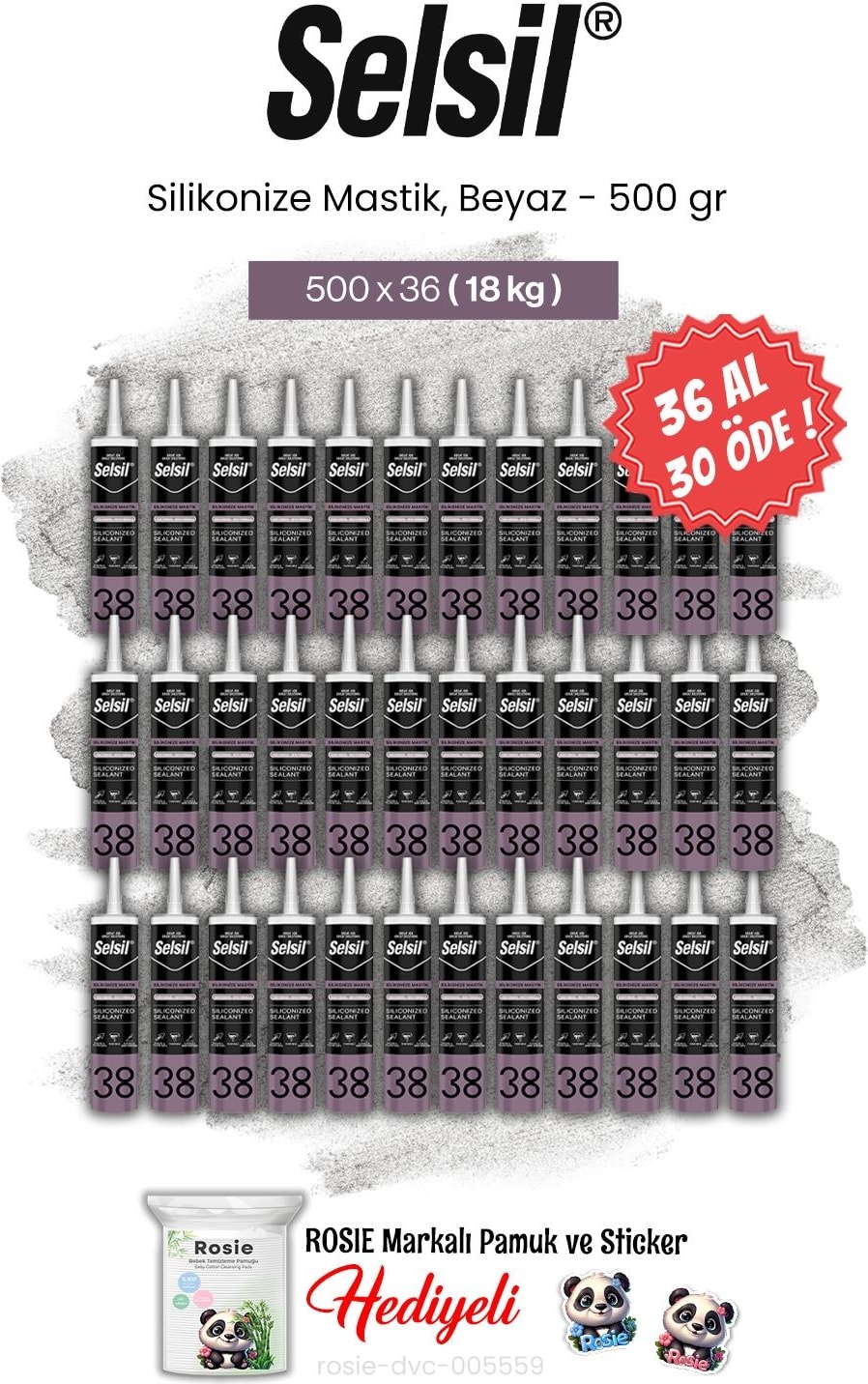 500 Gr, 36 Al 30 Öde Silikonize Mastik, Beyaz ve Rosie Pamuk