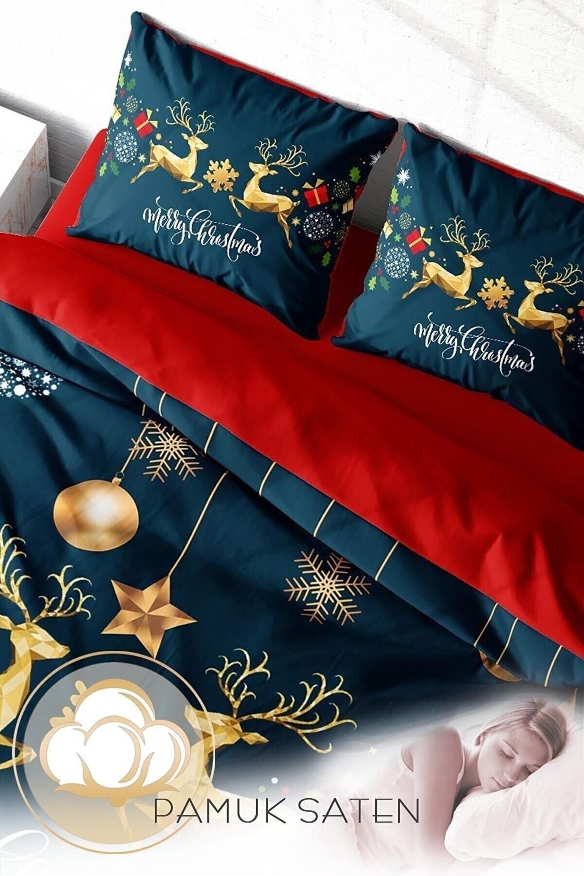 Yılbaşı Nevresim Takımı (Lastikli Çarşaflı) Çift Kişilik %100 Pamuk Saten Deer Noel