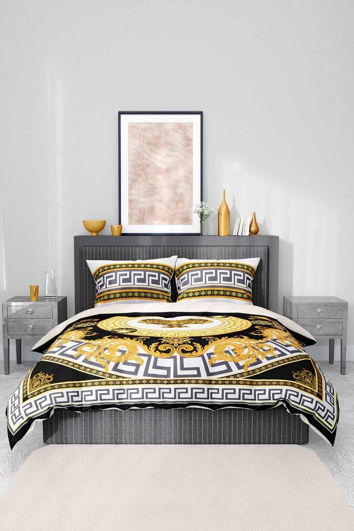 %100 Pamuk Saten Nevresim Takımı Lastikli Çarşaf Deluxe Çift Kişilik 3d Yellow