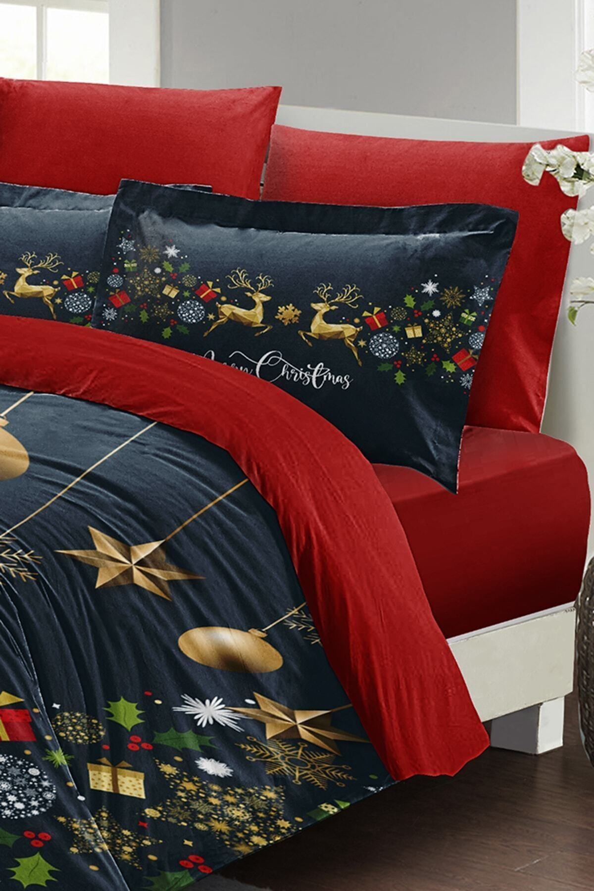 Yılbaşı Nevresim Takımı (Lastikli Çarşaflı) Çift Kişilik %100 Pamuk Saten Deer Noel