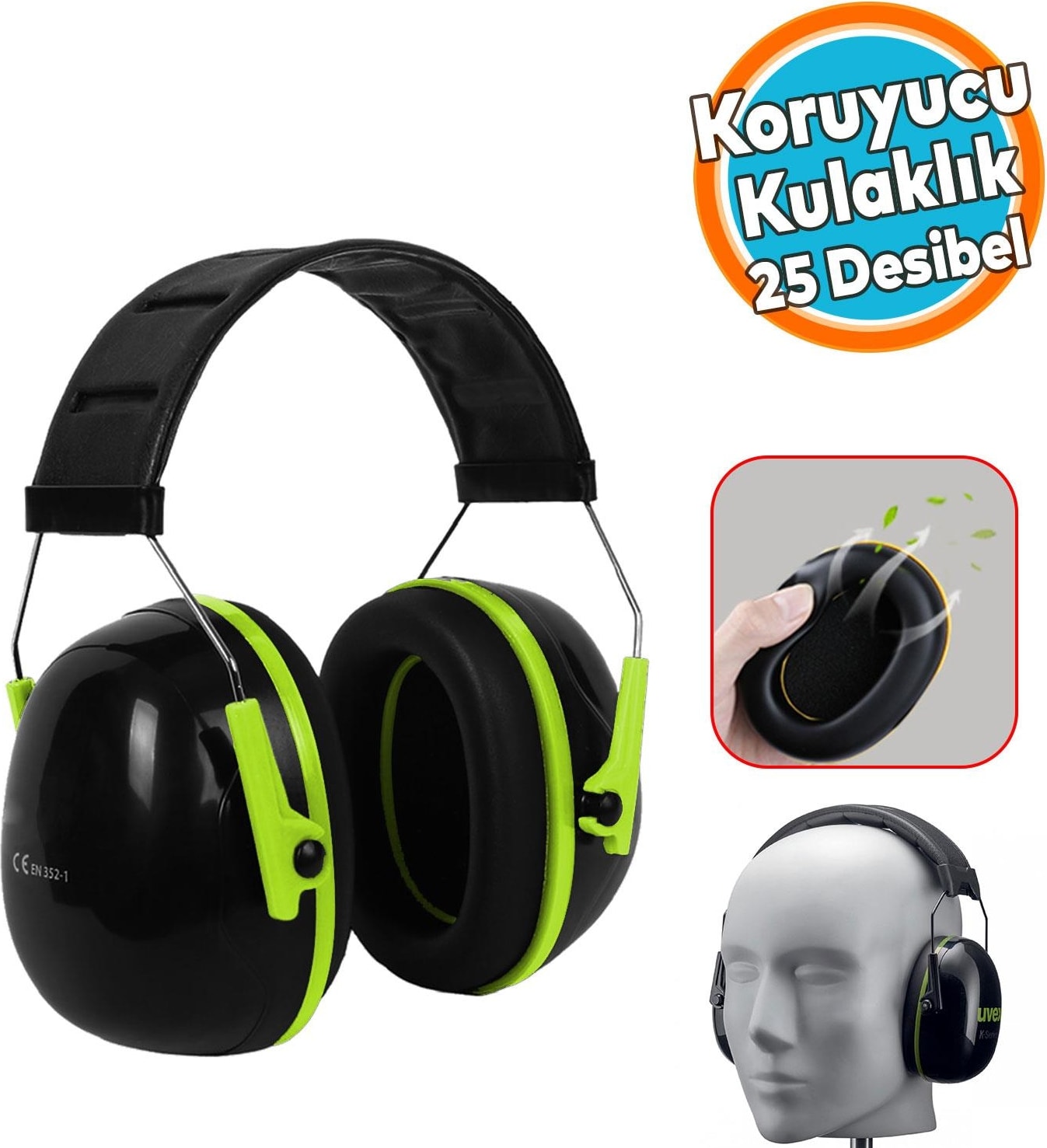 Kulaklık Siyah Yeşil Manşonlu Gürültü Önleme 25 Db Ses Koruma Kulak Işitme Koruyucu