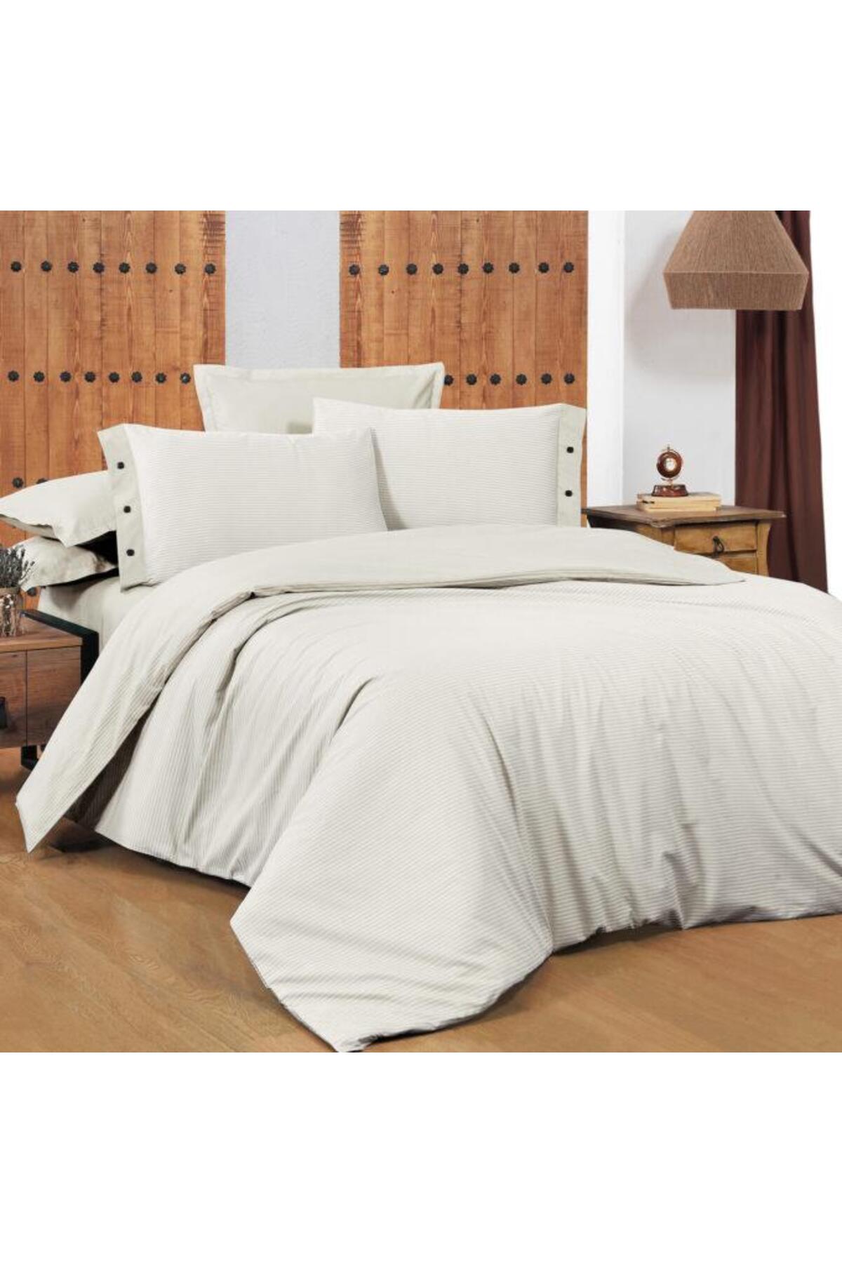Fancy Stripe King Size Pamuk Nevresim Takımı Ekru