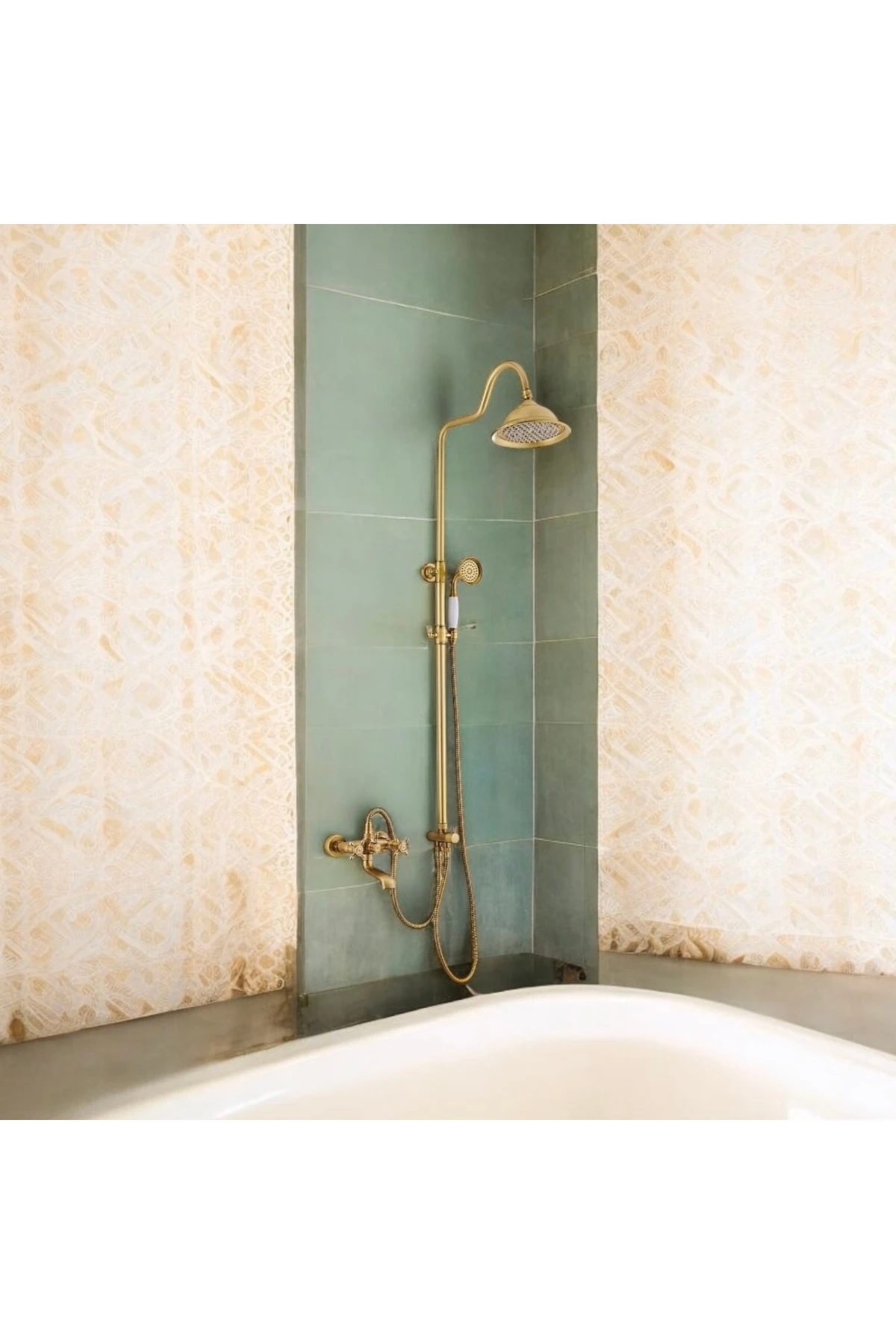Antik Gold Duş Sistemi Batarya Dahil Set Klasik Tasarım Pirinç Duş Seti 5 Yıl Garantili