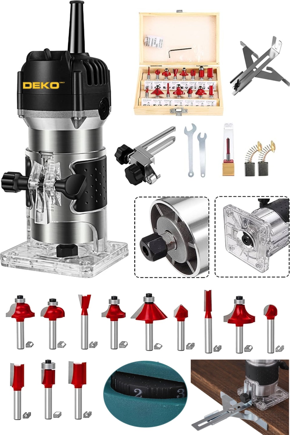 BOSCH Bakır Sargı System 3000W Devir Ayarlı Formika Freze Makinesi 6 mm Pens + 12 Adet Uç Set