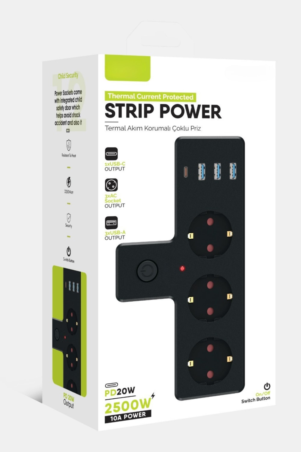 Akım Korumalı 3'lü Priz 3x USB / 1x Type-C / 3x Priz Duvar Tipi Çoğaltıcı