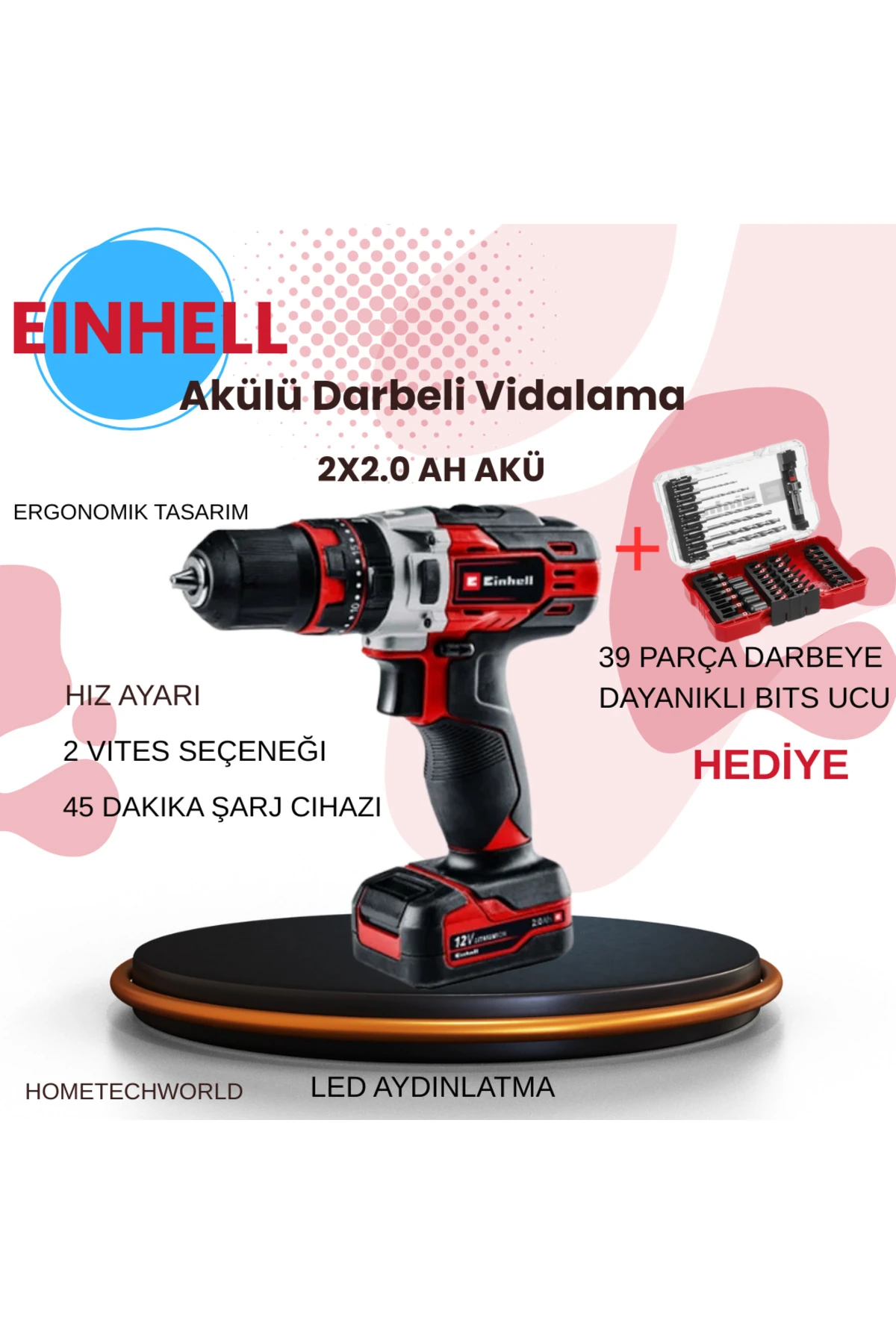 12V 2x2.0 Ah Akülü Darbeli Vidalama+ M-Case 39 Parça Matkap ve Bits Ucu Seti HEDİYE