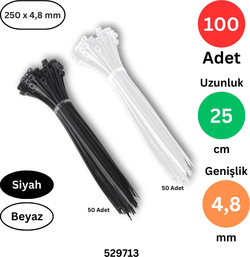 Plastik Kablo Bağı Klipsi Cırt Kelepçe 250 mm x 4.8 mm Siyah Beyaz Set Toplam 100 Adet