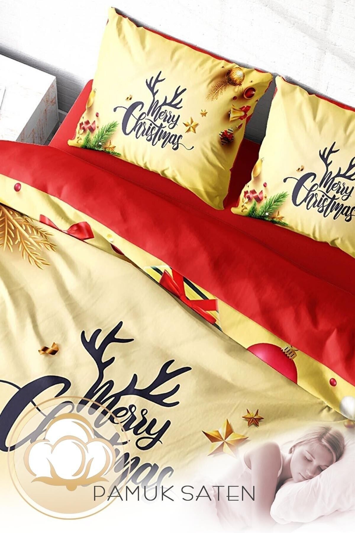 Yılbaşı Nevresim Takımı (Lastikli Çarşaflı) Çift Kişilik %100 Pamuk Saten Yellow MY